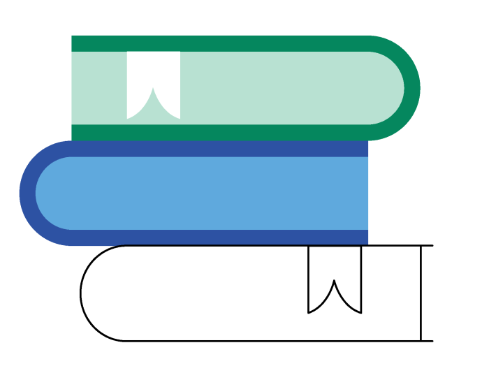 Stacked blue, green and transparent books