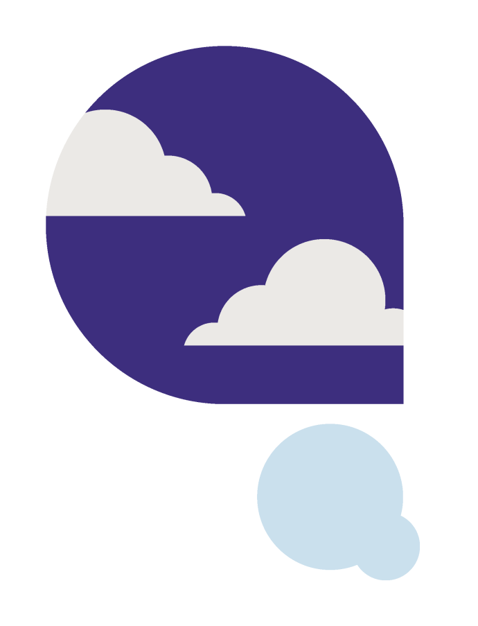 Purple speech bubble with clouds and a smaller blue speech bubble below.