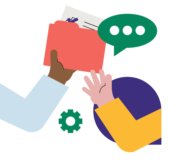 Two hands exchanging a red folder, with a speech bubble above and a gear icon below.