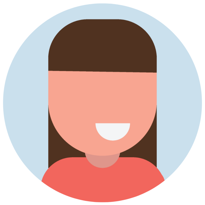 Illustration of a white woman with brown hair and a fringe smiling 