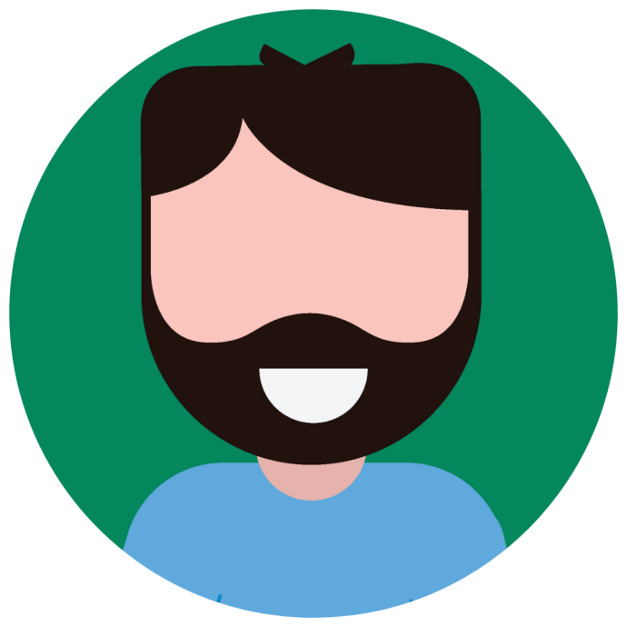 Illustration of a white man with brown hair and beard smiling 