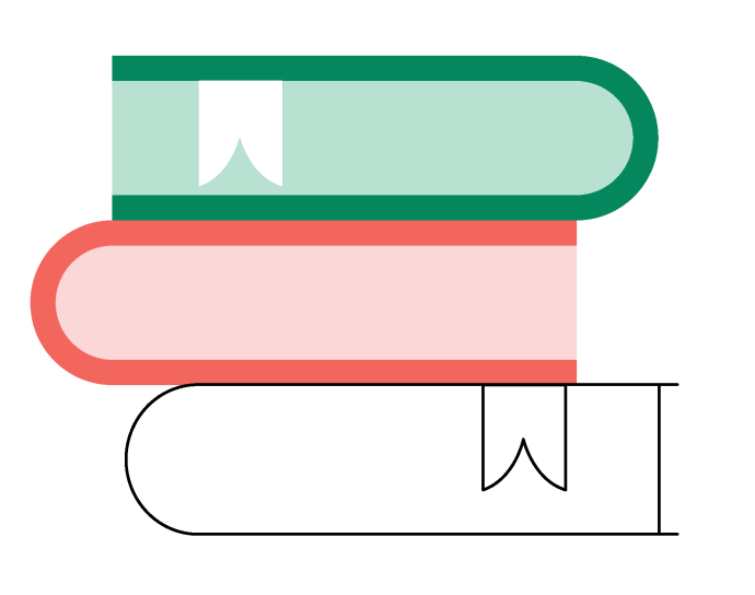 Stacked red, green and transparent books