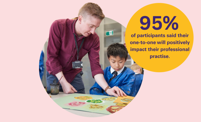 A person in a maroon shirt leans over a table to assist a child in blue clothing with a colorful paintin