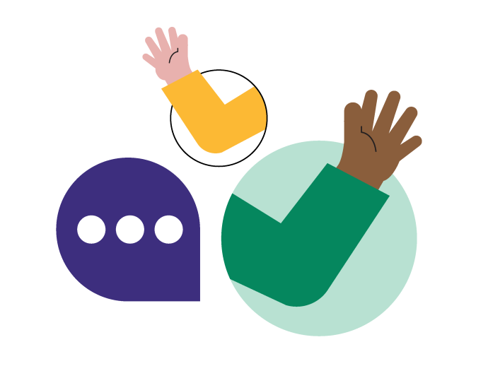 Purple speech bubble and two raised hands in colored circles.