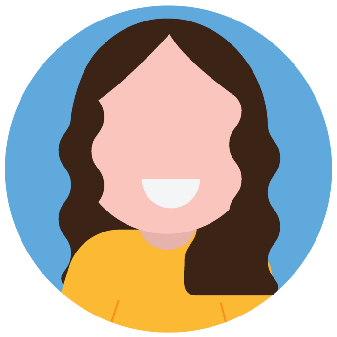 Illustration of a white woman with wavy brown hair smiling 