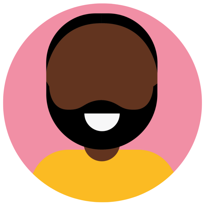 llustration of a person with dark brown skin, black beard and mustache, wearing a yellow shirt, on a pink circular background.