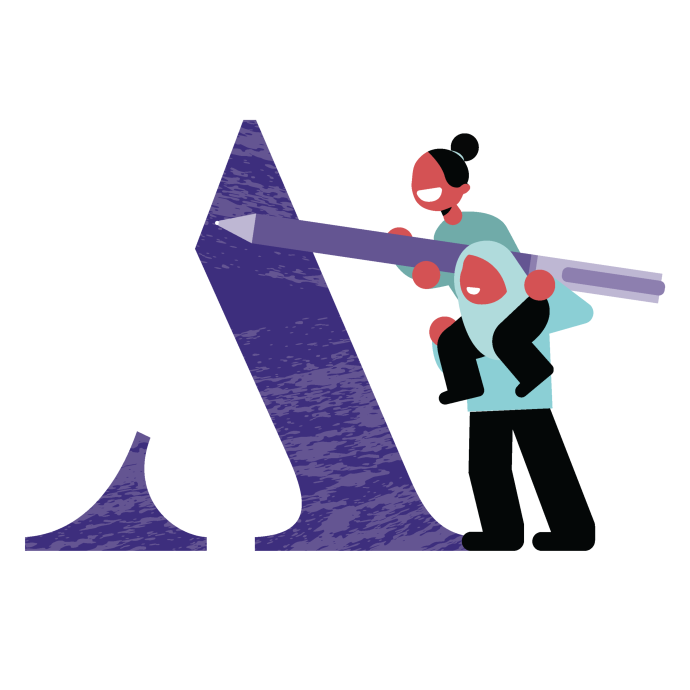 Cartoon of the Artsmark logo being drawn by two young people