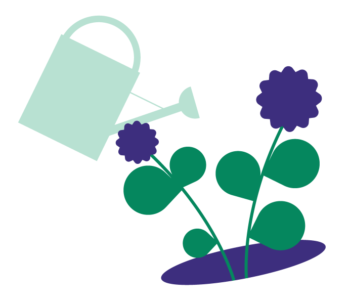 Cartoon of watering can with purple flowers